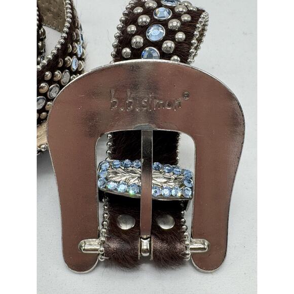 b. b. Simon Brown Leather/ horse hair Swarovski Crystal Belt Sz XL 43” Long Y2K main image 4